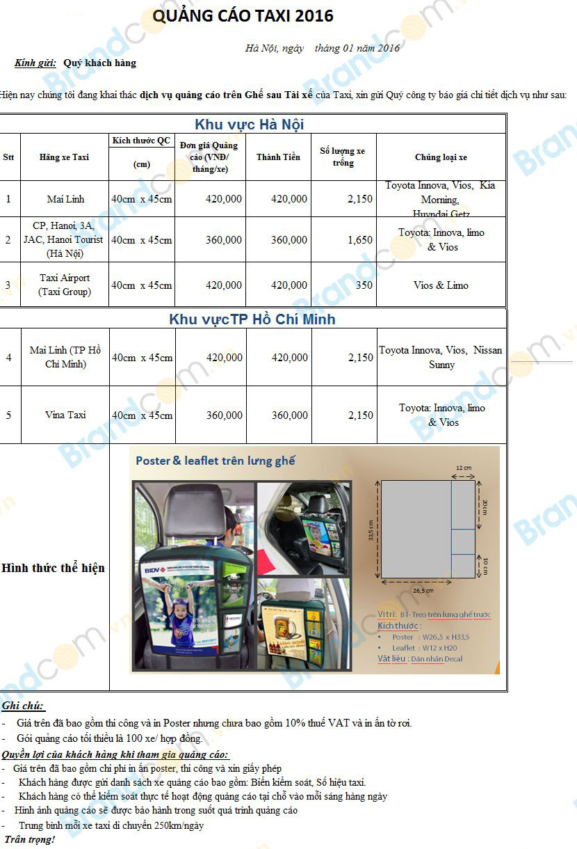 Bảng giá quảng cáo trên taxi tại Hà Nội – TP HCM