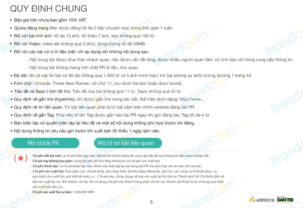 Bảng giá PR bài viết trên Dân Trí